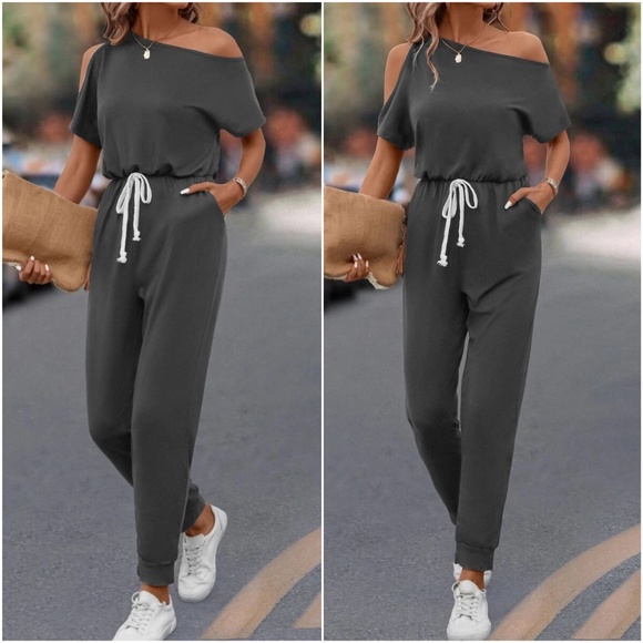One Shoulder Cut out Pocket Drawstring Jumpsuit - Picture 4 of 6